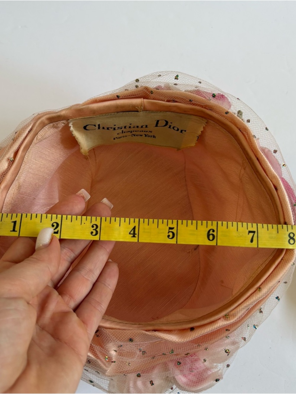 Vintage Christian Dior Chapeaux Floral Union Made Peach Pink Hat Satin Net - Picture 8 of 8